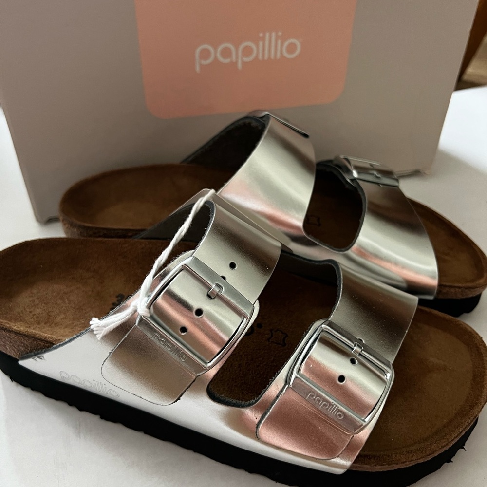 Papillio Arizona Slide Metallic Silver Size 38 7 New